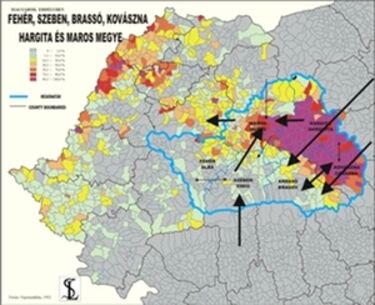 Nemzetiségi megoszlás és migrációs irányvonalak a központi fejlesztési régióban (1992-es adatok)
