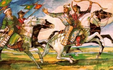 Honfoglaló lovasok (László Gyula akvarellje, 1988)