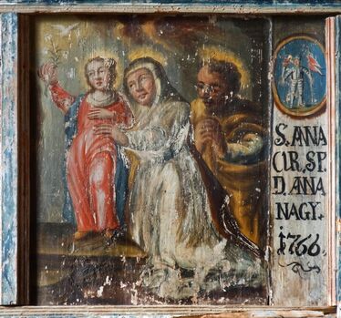 Szent Anna – mellvédkazetta a karzaton a Nagy család címerével