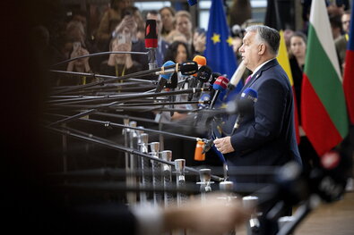  Orbán Viktor Brüsszelben nyilatkozik. Fotó: MTI / Miniszterelnöki Sajtóiroda / Fischer Zoltán