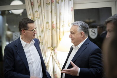 Mateusz Morawiecki korábbi lengyel kormányfő és Orbán Viktor miniszterelnök. Fotó: MTI / Miniszterelnöki Sajtóiroda / Fischer Zoltán