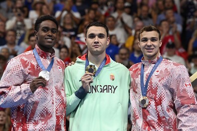 Josh Liendo, Milák Kristóf és Ilya Kharun. Fotó: MTI / Kovács Tamás