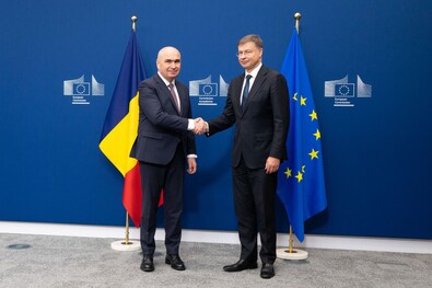 Ilie Bolojan Brüsszelben egyeztetett Valdis Dombrovskis gazdaságért és termelékenységért felelős biztossal. Fotó: gov.ro