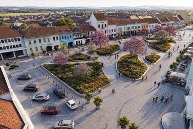 Koncepciórajz Kézdivásárhely főteréről – emberközpontúbb, de ugyanakkor látványos teret képzeltek el, nem betonrengeteget. Fotó: Piller Stúdió